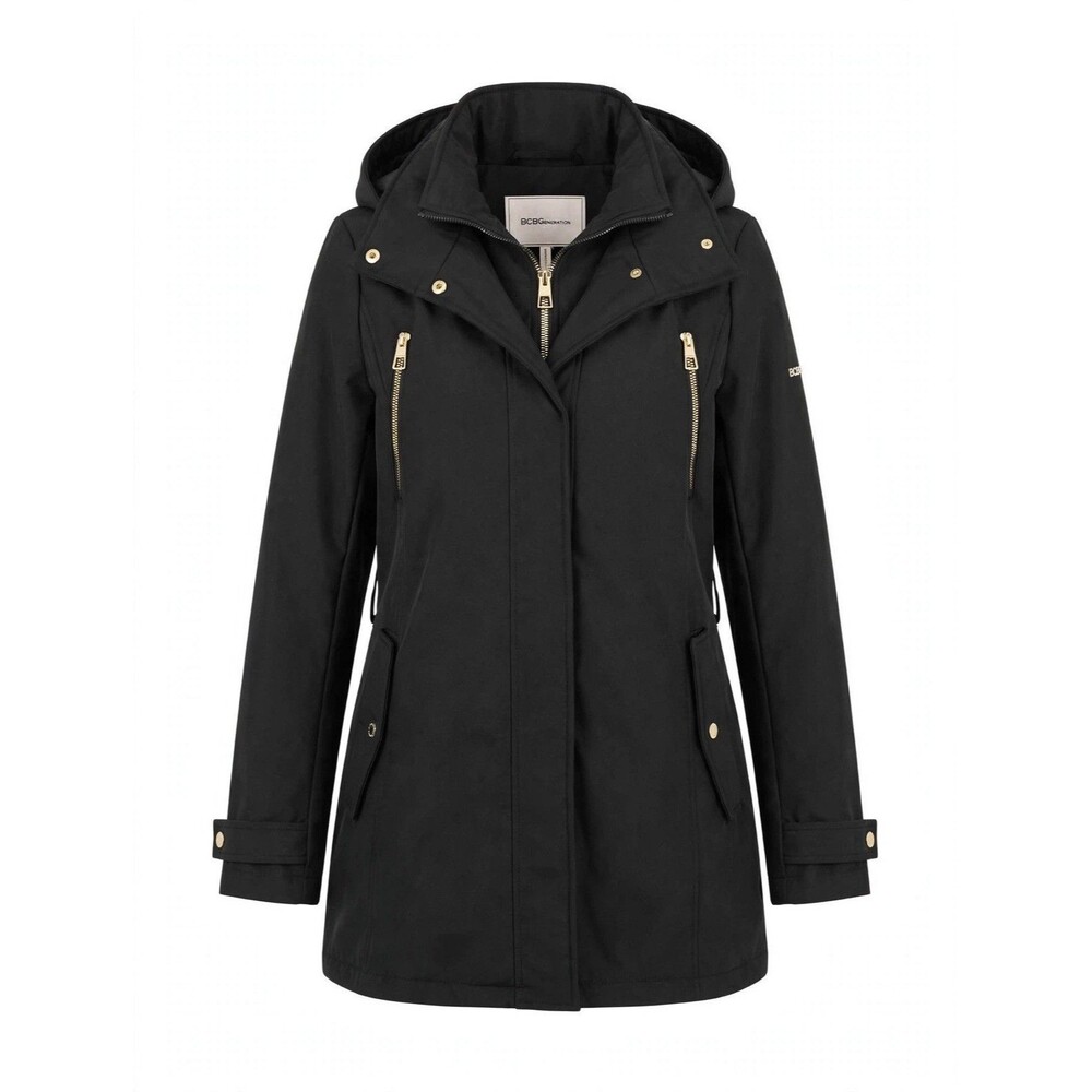 BCBG Generation Black Hooded Parka Jacket Size M - Gold Zippers - MSRP $198